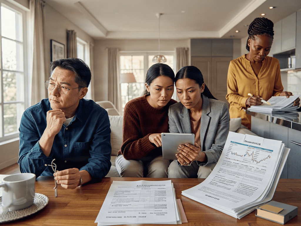 Diverse group reviewing documents about landlord insurance issues.