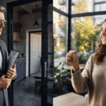 Landlord and tenant discussing rental agreement indoors.