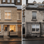 Side-by-side images of a renovated and a neglected property in an urban area.