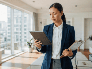 Professional woman reviewing property documents in modern apartment.