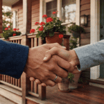 Handshake between landlord and tenant in front of a house.