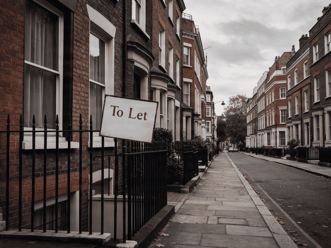 Row of London townhouses with 'To Let' sign on black fence.