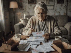 Elderly woman examining rent bills at home.