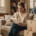 Woman reading eviction letter with packed boxes nearby.