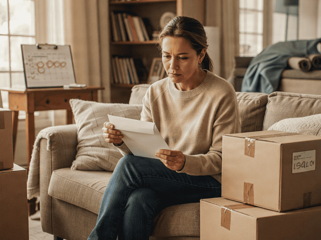Woman reading eviction letter with packed boxes nearby.