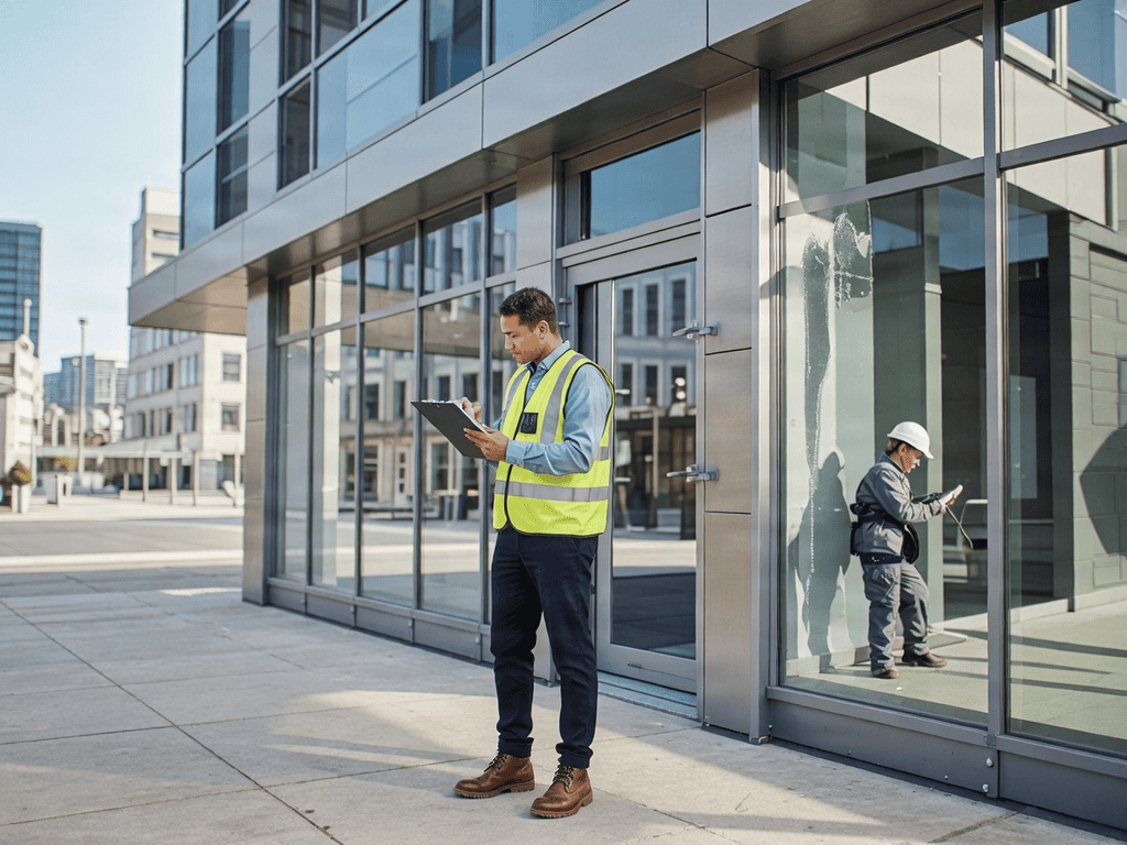 Landlord reviewing property details outside modern office building.