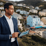 Landlord examining property listings on a tablet in a coastal town.