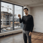 Man standing inside a new apartment overlooking construction site.