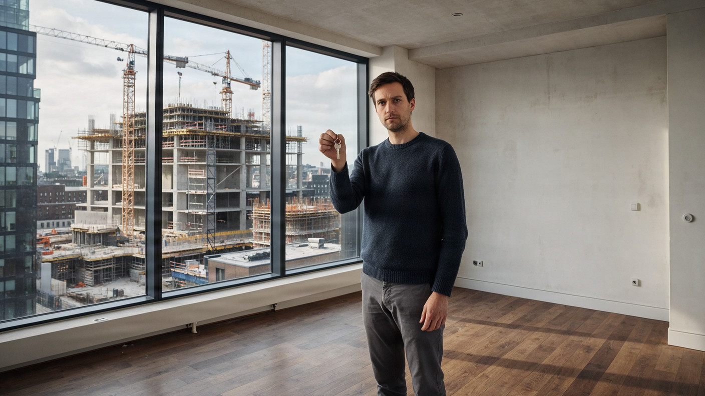 Man standing inside a new apartment overlooking construction site.