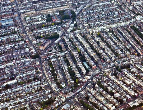 Aerial view of a densely populated residential neighbourhood in the city.
