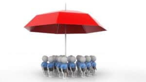 Group of miniature figures under a red umbrella symbolising tenant protection.
