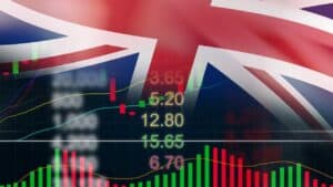 Financial charts overlaid with UK flag, showing market trends and data.