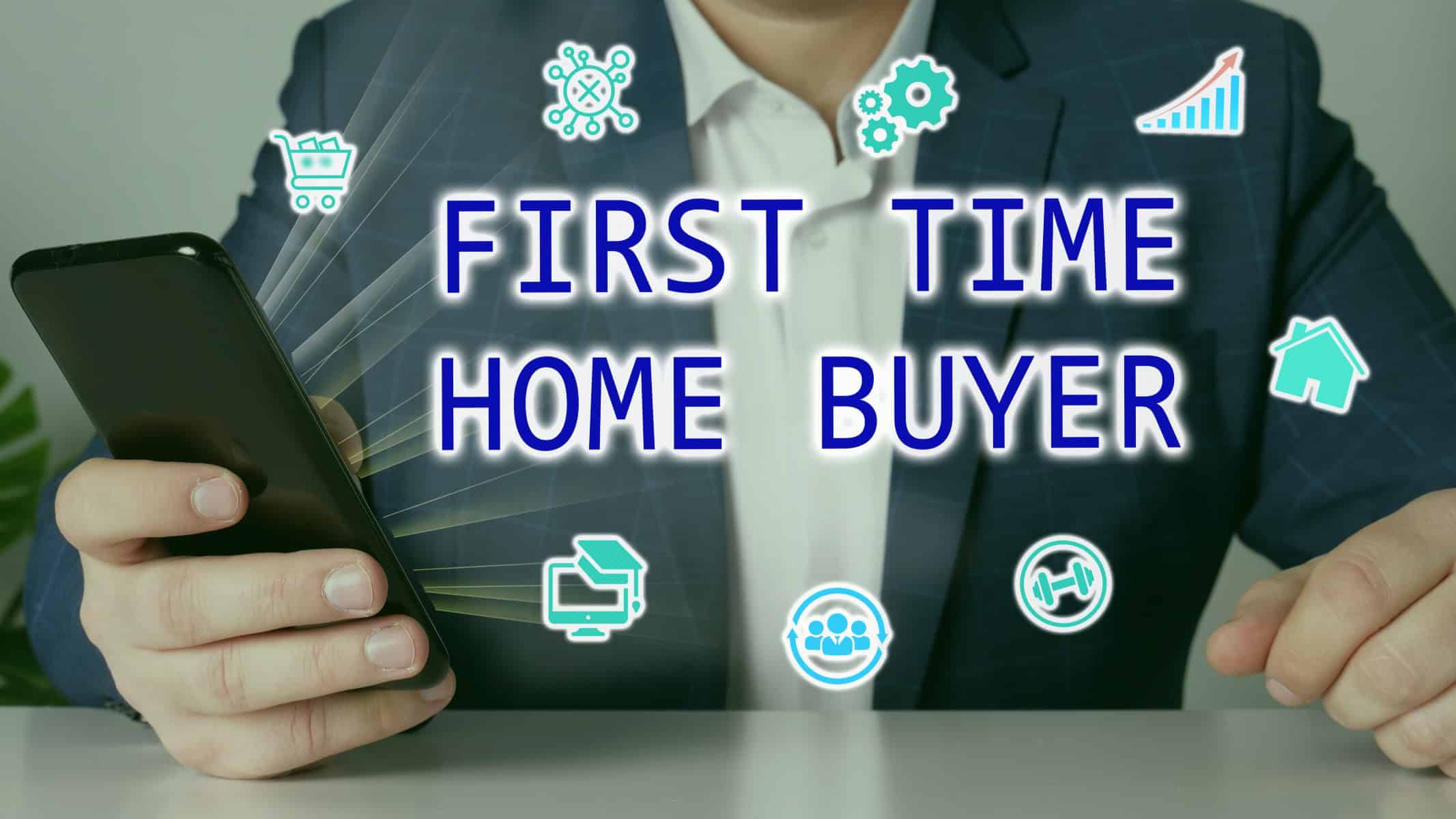 Person using smartphone with home buying icons for first time buyers.