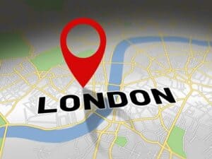 Map of London with a red location pin marker for property listings.