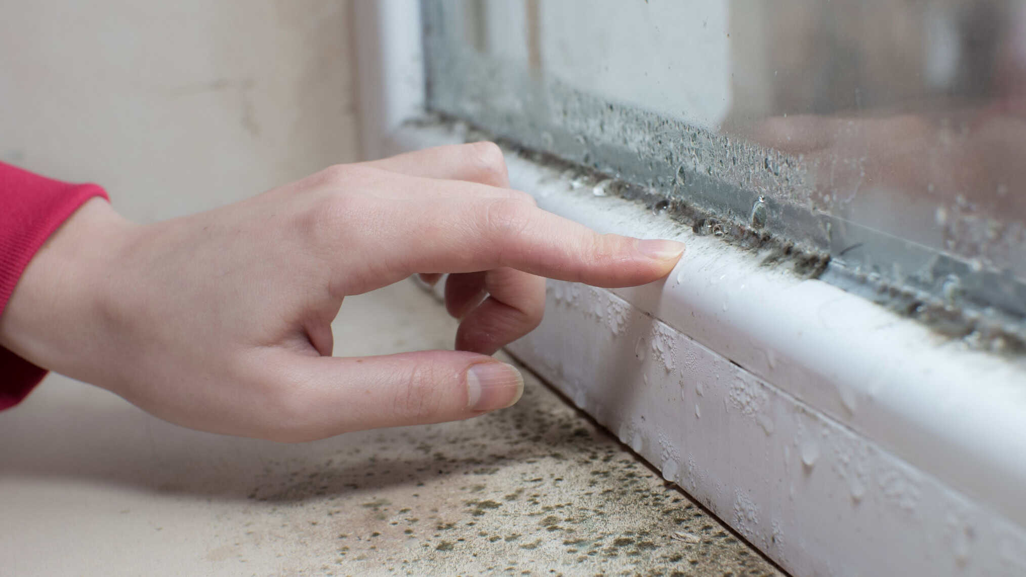 Close-up of a hand inspecting a window seal for damage or leaks.