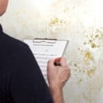 Landlord inspecting property with clipboard and pen for maintenance check.