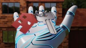 Futuristic robotic hand holding house key, keys, and a house model.