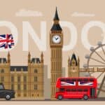 London landmarks including Big Ben, London Eye, and red telephone box.