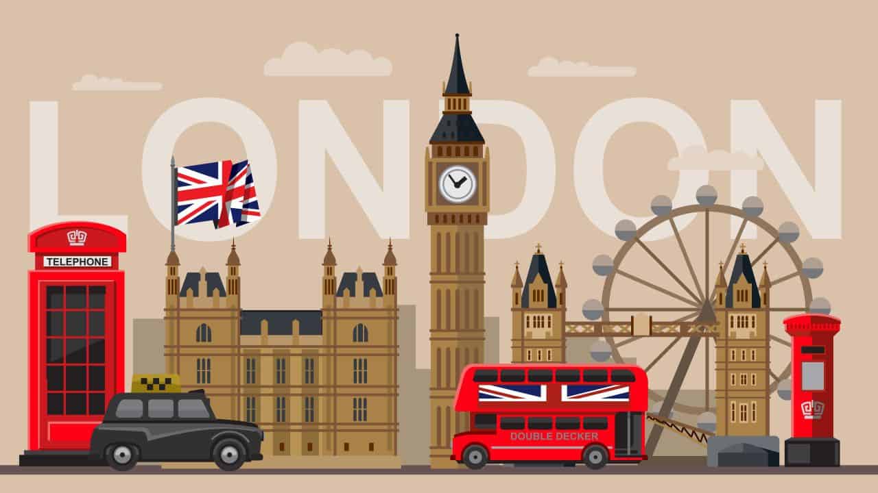 London landmarks including Big Ben, London Eye, and red telephone box.