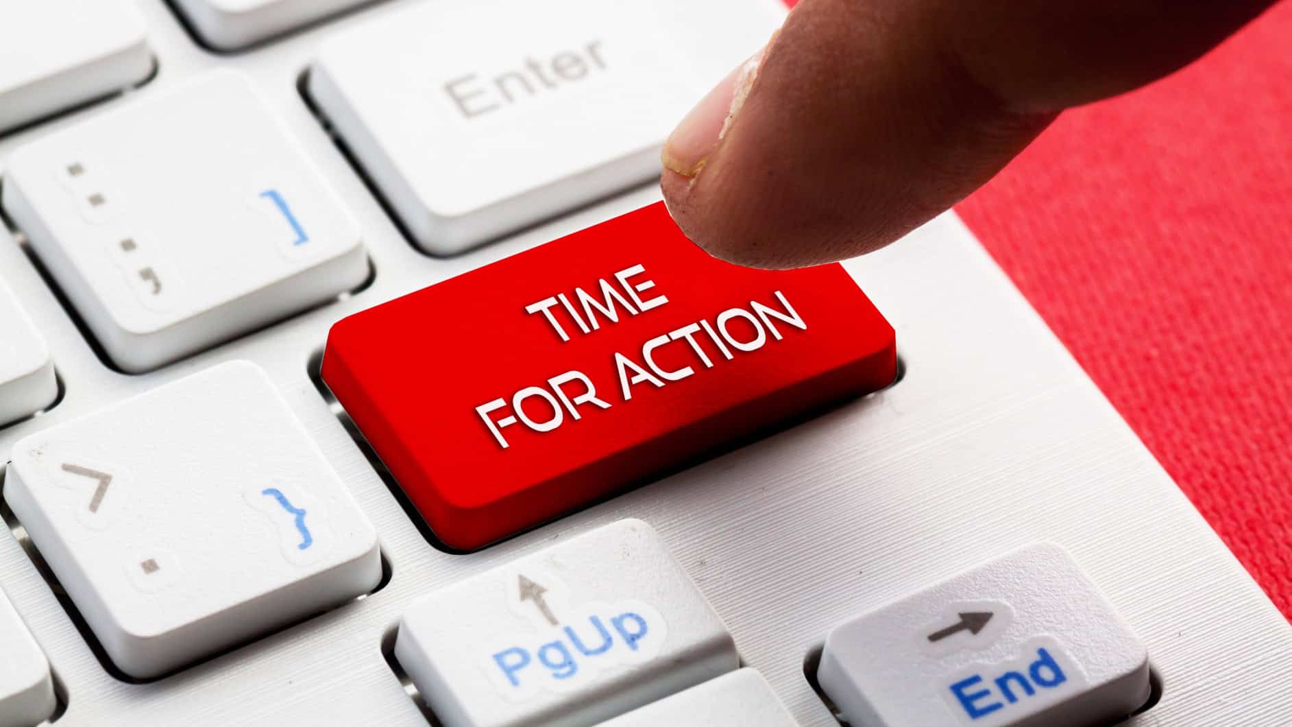 Red 'Time for Action' button on a keyboard for landlord advice.
