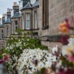 Victorian terraced houses with flowering garden in a UK residential area.