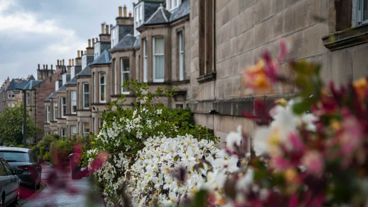 Victorian terraced houses with flowering garden in a UK residential area.