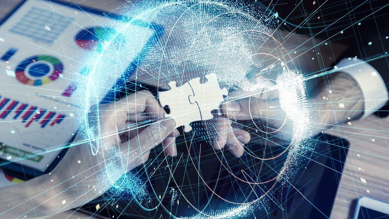 Hands assembling a puzzle over a digital globe with data charts and network lines.