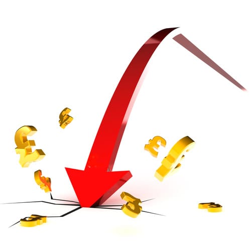 Falling arrow with pound coins symbolising property market decline.